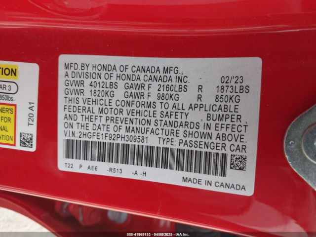 2HGFE1F92PH309581 Honda Civic Touring