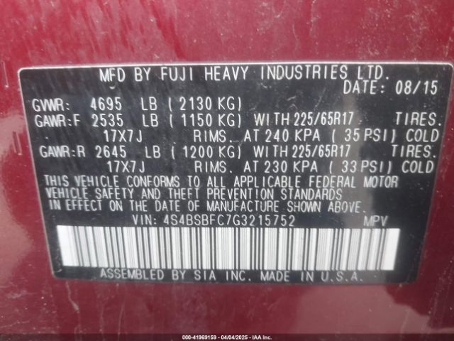 4S4BSBFC7G3215752 Subaru Outback 2.5i Premium