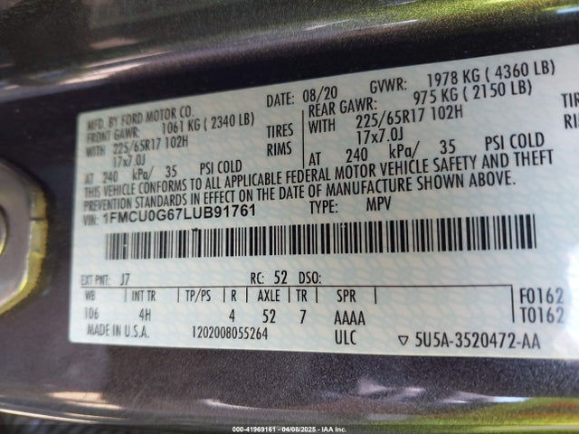 1FMCU0G67LUB91761 Ford ESCAPE SE
