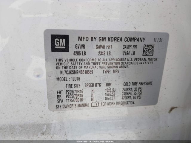 KL7CJKSM9NB510569 Chevrolet Trax Fwd Ls