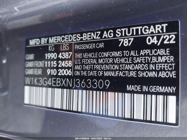 W1K3G4EBXNJ363309 Mercedes-Benz A 220