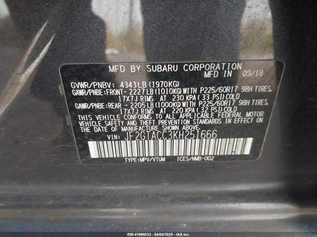 JF2GTACC3KH251666 Subaru Crosstrek 2.0i Premium