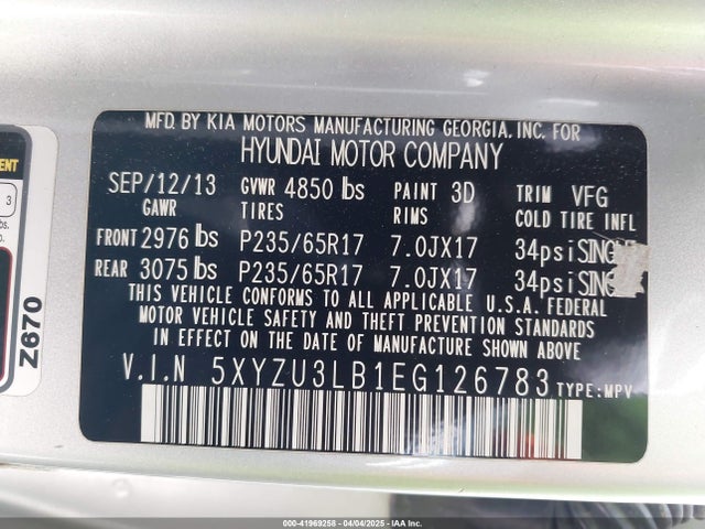 5XYZU3LB1EG126783 Hyundai Santa Fe Sport 2.4l
