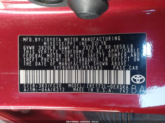 5YFBURHE6JP810483 Toyota COROLLA SE
