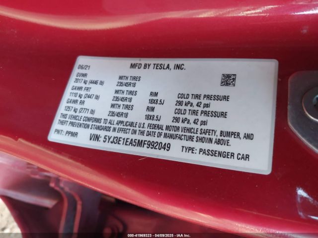 5YJ3E1EA5MF992049 Tesla Model 3 Standard Range Plus Rear-wheel Drive
