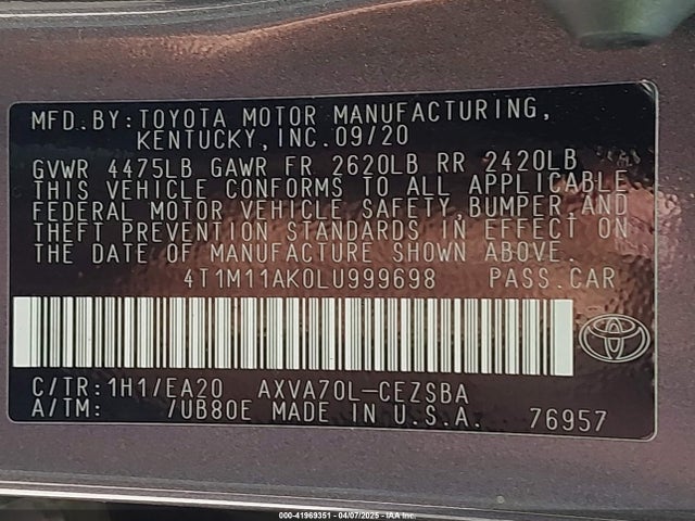 4T1M11AK0LU999698 Toyota CAMRY SE