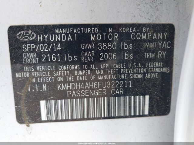 KMHDH4AH6FU322211 Hyundai Elantra Sport
