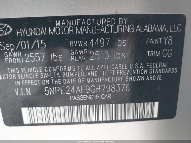 5NPE24AF9GH298376 Hyundai SONATA SE