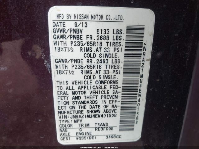 JN8AZ1MU4EW401508 Nissan MURANO S