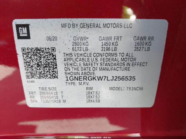 1GNERGKW7LJ256535 Chevrolet Traverse Fwd Lt Cloth