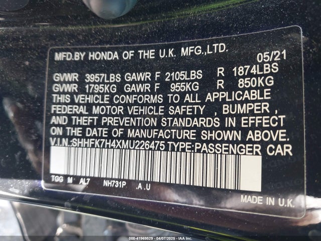 SHHFK7H4XMU226475 Honda Civic Sport