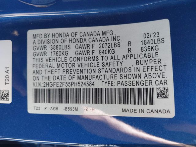 2HGFE2F55PH524584 Honda Civic Sport