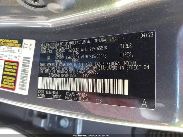 5TDKDRBH0PS034516 Toyota Highlander Le
