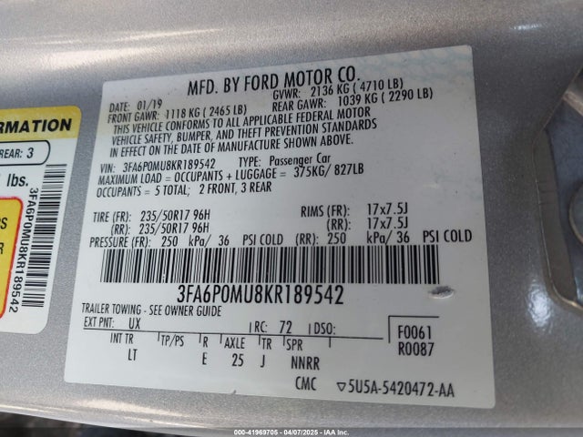 Ford Fusion Hybrid Sel 2019 3FA6P0MU8KR189542 Image 9