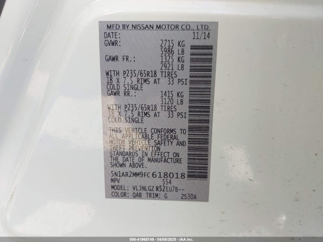 5N1AR2MM9FC618018 Nissan Pathfinder Sl