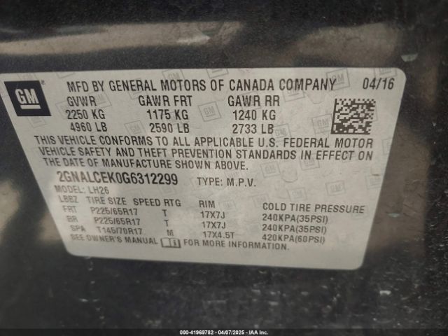 2GNALCEK0G6312299 Chevrolet EQUINOX LT