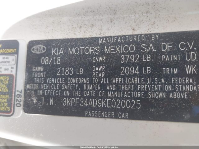 3KPF34AD9KE020025 KIA FORTE S