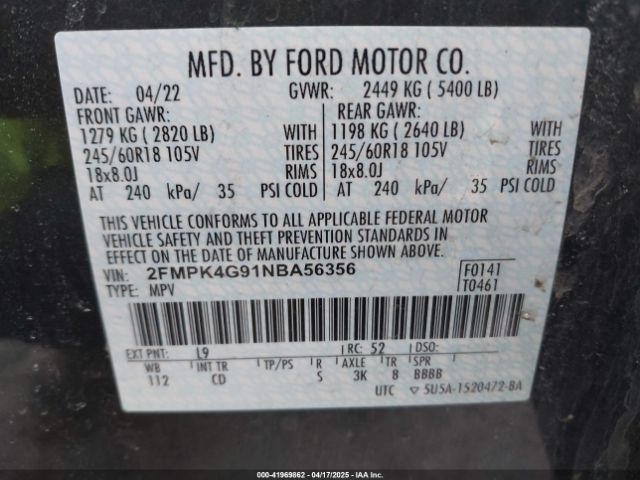 2FMPK4G91NBA56356 Ford EDGE SE