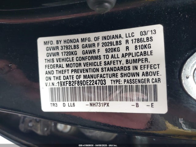 41969930 :رقم المزاد ، 19XFB2F89DE224703 vin ، 2013 Honda Civic Ex مزاد بيع