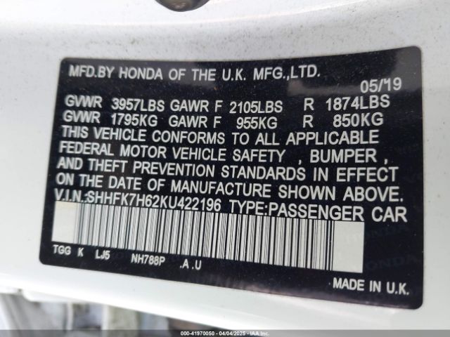 SHHFK7H62KU422196 Honda CIVIC EX