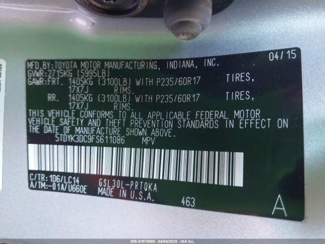 5TDYK3DC9FS611086 Toyota Sienna Xle 8 Passenger