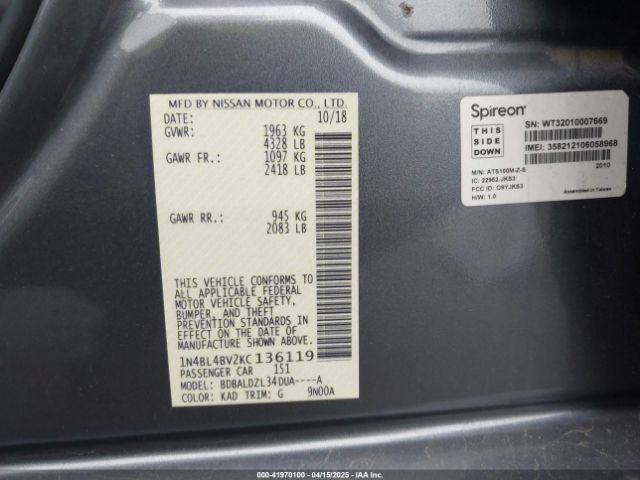 1N4BL4BV2KC136119 Nissan Altima 2.5 S