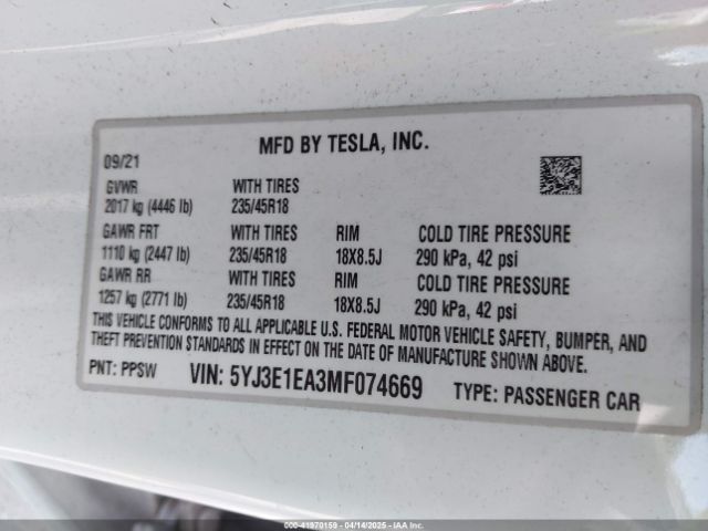 5YJ3E1EA3MF074669 Tesla Model 3 Standard Range Plus Rear-wheel Drive