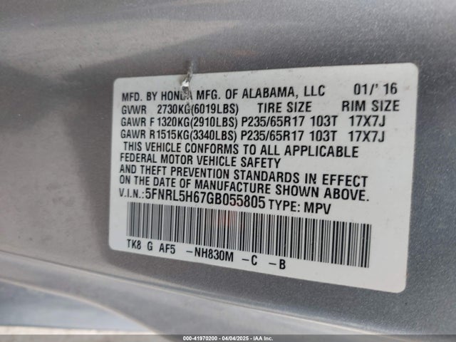 5FNRL5H67GB055805 Honda Odyssey Ex-l