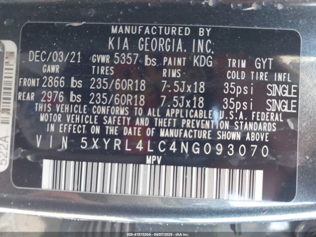 5XYRL4LC4NG093070 KIA SORENTO S