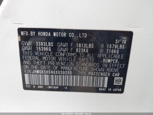 JHMGK5H59GX039255 Honda FIT LX