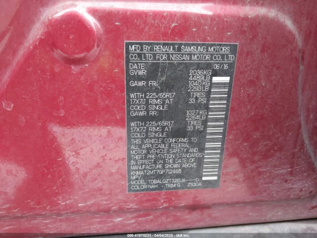 KNMAT2MT7GP712468 Nissan Rogue S/sl/sv