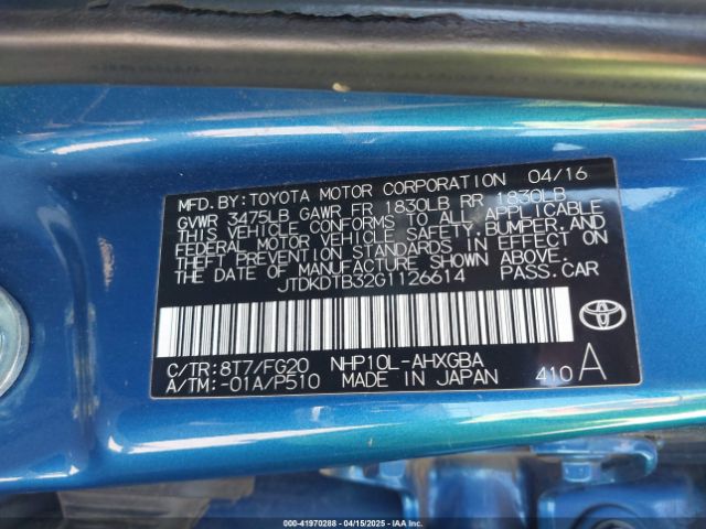 JTDKDTB32G1126614 Toyota Prius C Three
