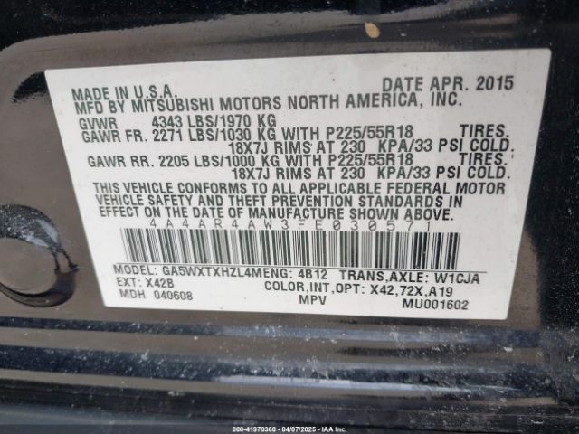 4A4AR4AW3FE030571 Mitsubishi Outlander Sport Gt