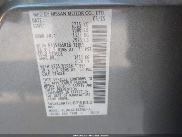 5N1AR2MM7FC676810 Nissan Pathfinder Platinum/s/sl/sv