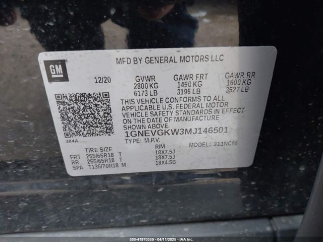 1GNEVGKW3MJ146501 Chevrolet Traverse Awd Lt Cloth