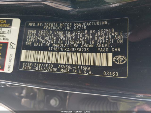 4T1BF1FKXHU268236 Toyota CAMRY SE
