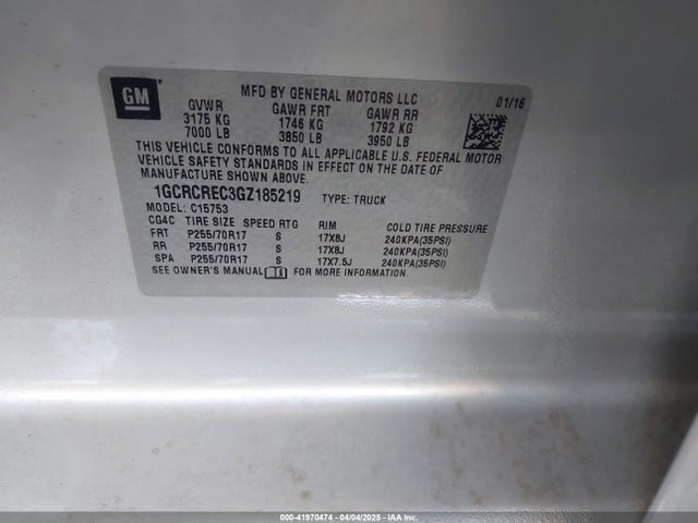 1GCRCREC3GZ185219 Chevrolet Silverado 1500 1lt