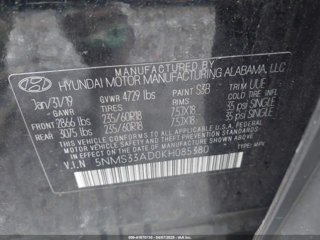 5NMS33AD0KH085380 Hyundai Santa Fe Sel Plus