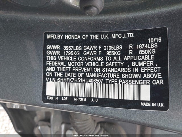 SHHFK7H51HU406507 Honda CIVIC EX