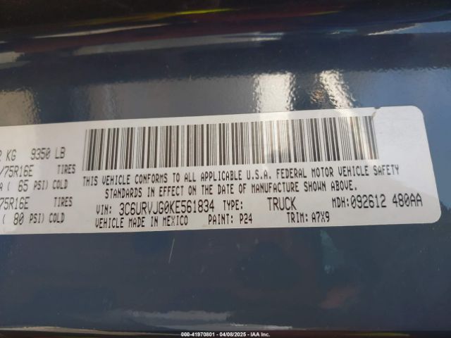 3C6URVJG0KE561834 RAM Promaster 3500 Cargo Van High Roof 159 Wb Ext