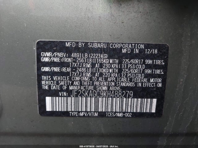 JF2SKAGC9KH488279 Subaru naturally aspirated u5