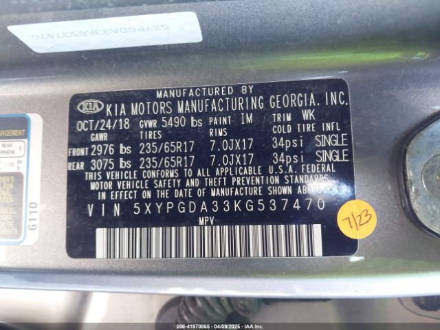 5XYPGDA33KG537470 KIA Sorento 2.4l Lx
