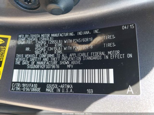 5TDZKRFH2FS079616 Toyota Highlander Le Plus V6