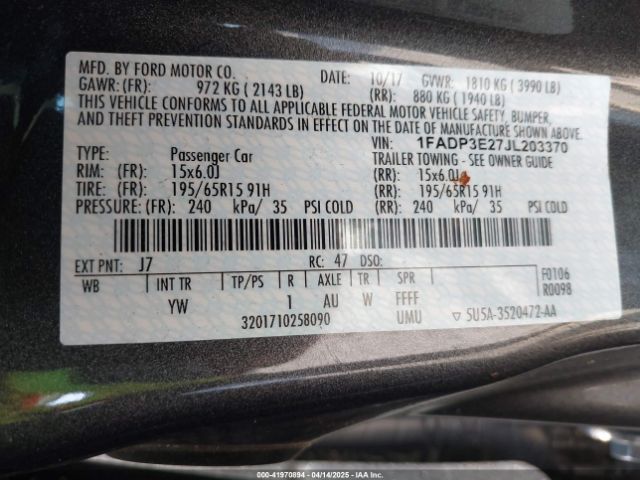 1FADP3E27JL203370 Ford FOCUS S