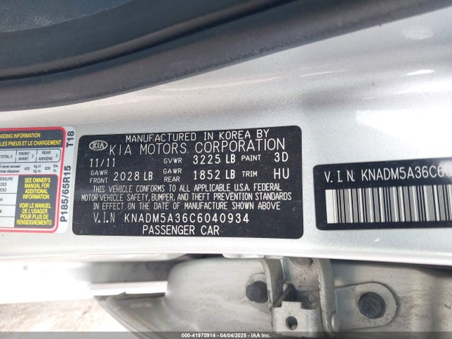 Aukcja sprzedaży 2012 Kia Rio5 Lx, vin: KNADM5A36C6040934, numer aukcji: 41970914