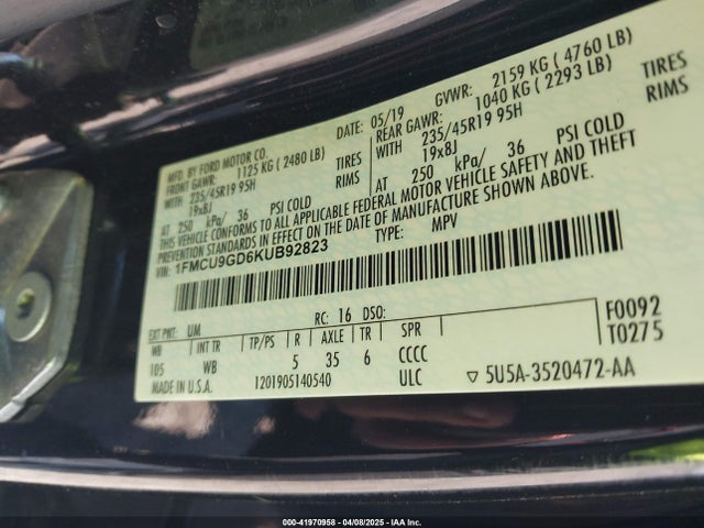 1FMCU9GD6KUB92823 Ford ESCAPE SE