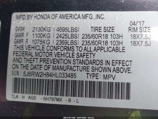 5J6RW2H84HL033485 Honda Cr-v Ex-l/ex-l Navi