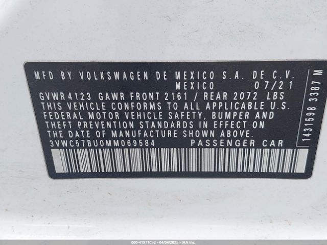 3VWC57BU0MM069584 Volkswagen Jetta 1.4t R-line/1.4t S/1.4t Se
