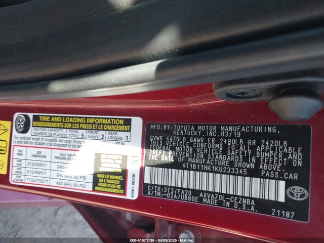 4T1B11HK1KU233345 Toyota CAMRY LE