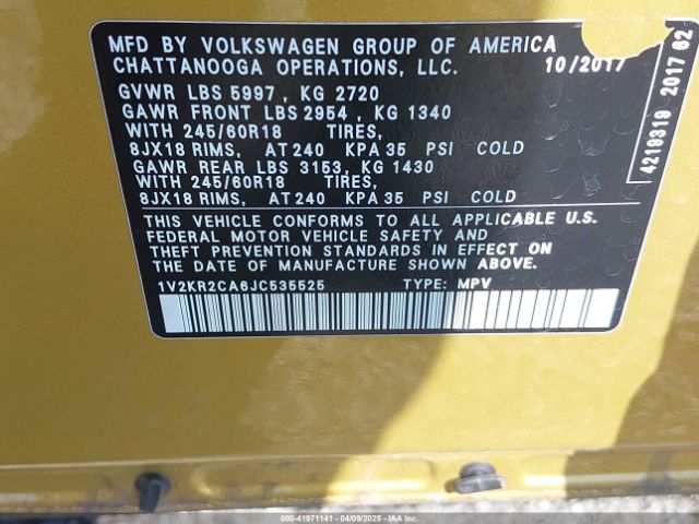 1V2KR2CA6JC535525 Volkswagen Atlas 3.6l V6 Se